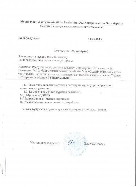 Тамақтану сапасын мерзімдік бағалау үшін бракераж комиссиясын құру туралы бұйрық