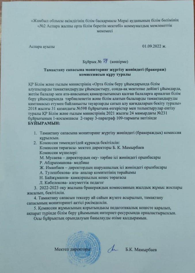 Тамақтану сапасына мониторинг жүргізу жөніндегі (бракераж) комиссиясын құру туралы